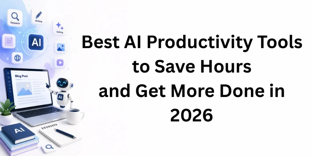 A sleek dashboard screen displaying the best AI productivity tools for automation, time management, and meeting notes.