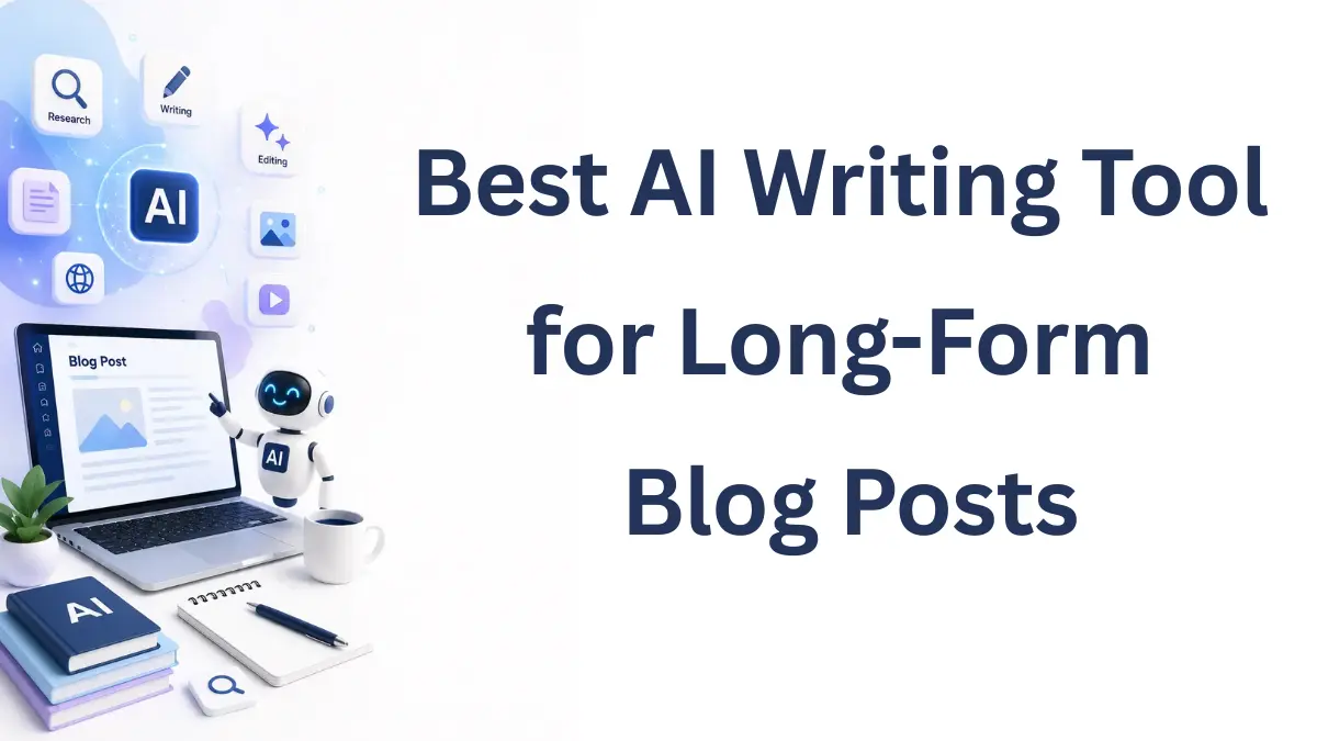 3D illustration of an AI writing workspace with a laptop, AI assistant, and content creation tools used for researching, writing, and editing long-form blog posts.
