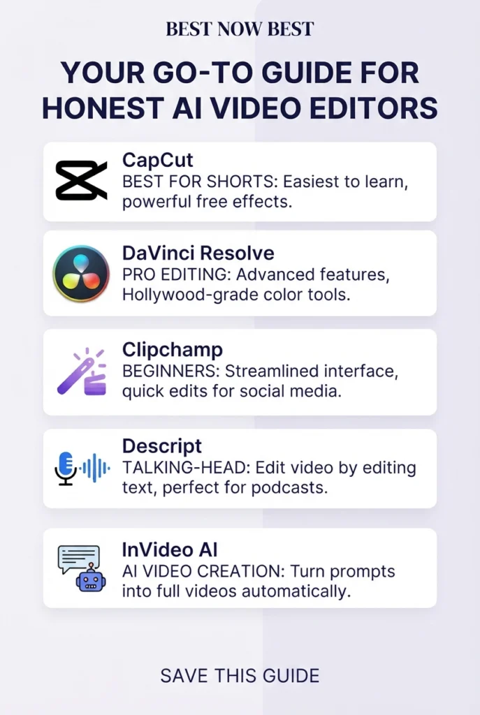 Five free AI video editors in 2026: CapCut, DaVinci Resolve, Clipchamp, Descript, and InVideo AI