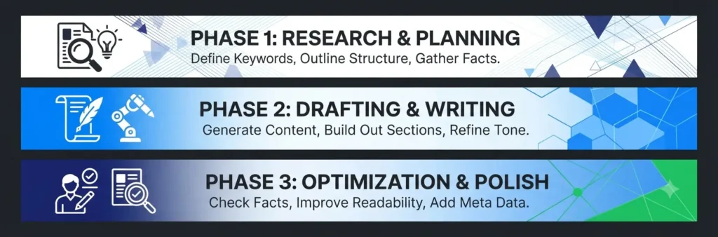 Three-phase AI blogging process showing research, write, and publish stages for creating blog content.