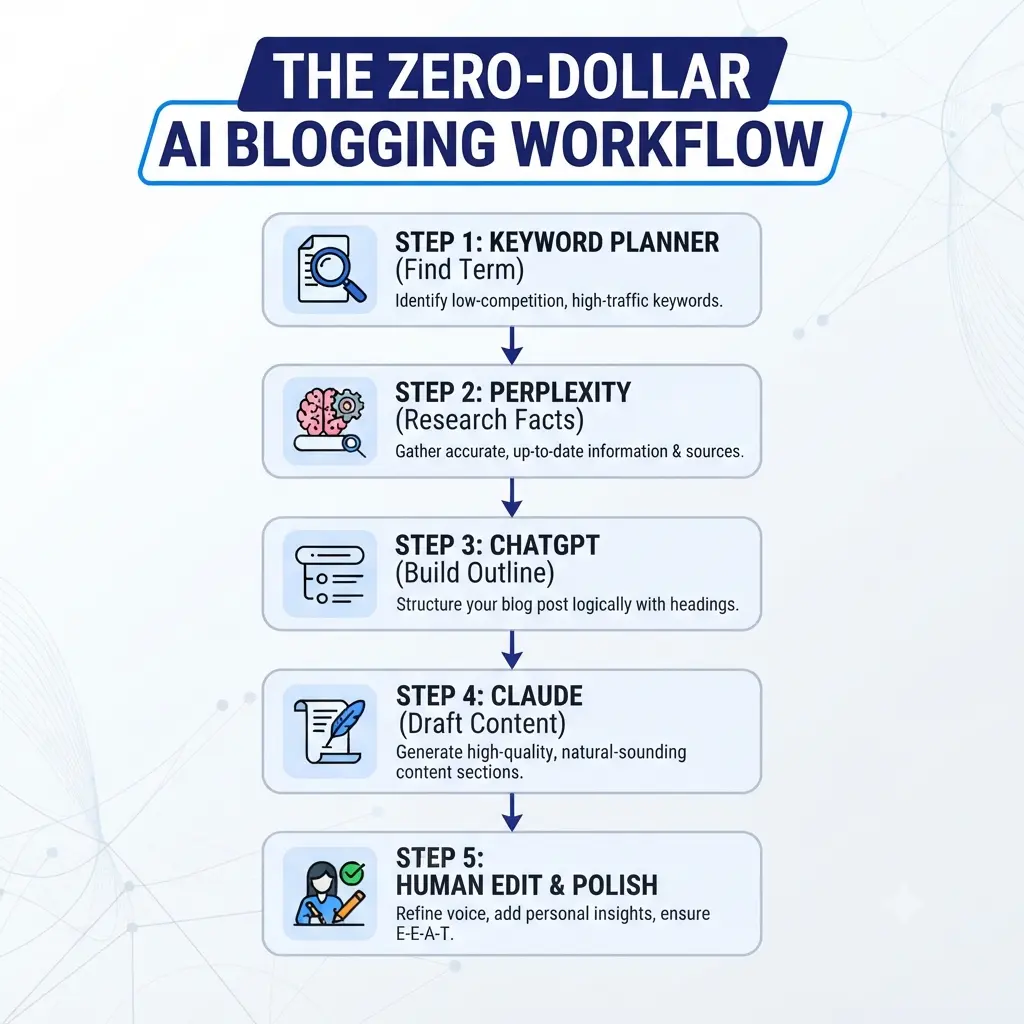 AI blogging workflow showing research, outlining, writing, editing, SEO, and publishing steps for bloggers.
