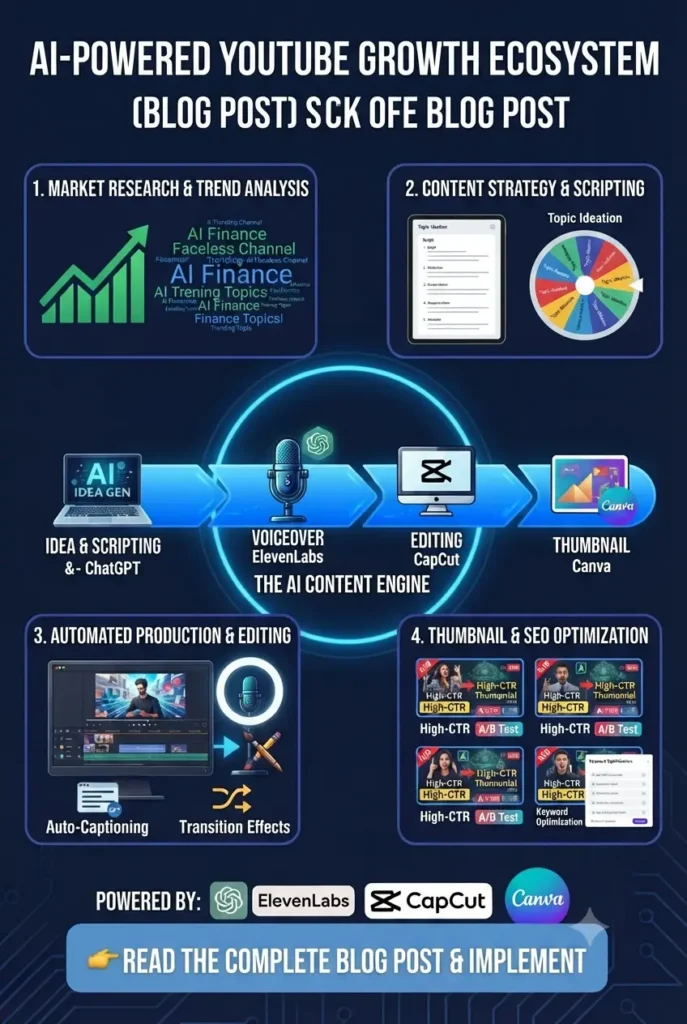 A detailed ecosystem diagram mapping out market research, content strategy, automated video editing, and high-CTR thumbnail optimization for content creators.