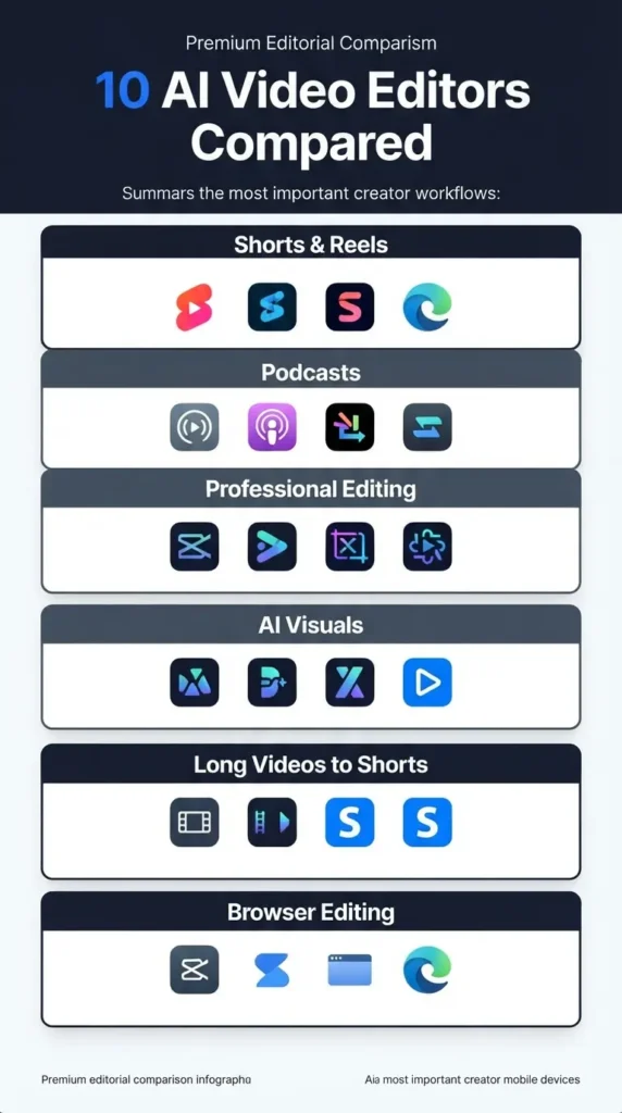Comparison of AI video editing tools for Shorts, podcasts, professional editing, AI visuals, video repurposing, and browser editing.