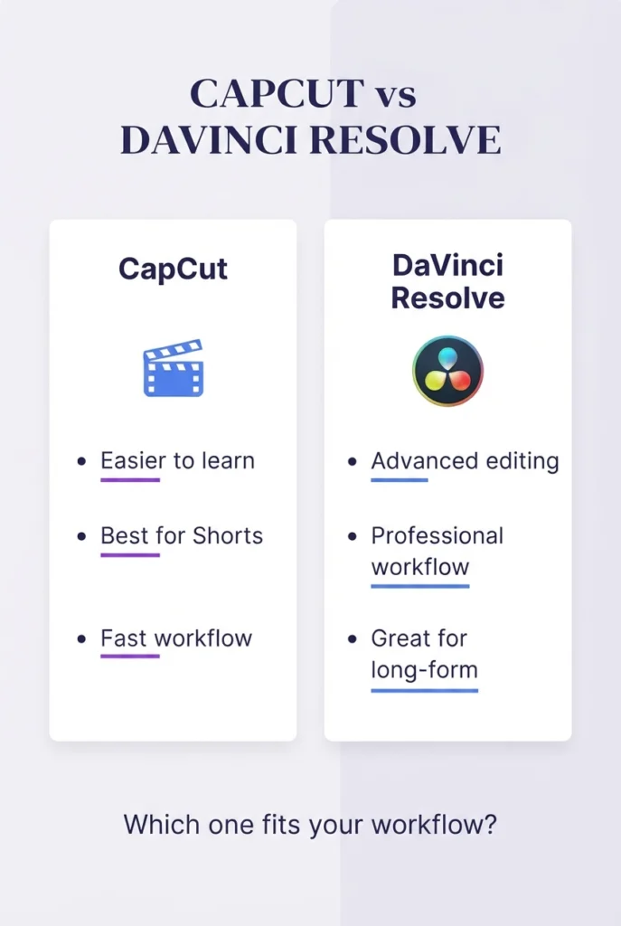 CapCut vs DaVinci Resolve comparison showing the best free video editor for Shorts and professional editing