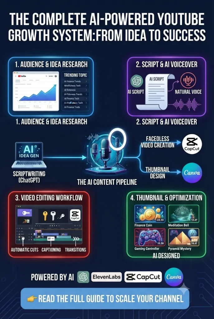 An infographic illustrating a 4-step AI YouTube growth workflow covering audience research, scriptwriting, video editing, and thumbnail creation using tools like ChatGPT and Canva. best free ai tools for youtube creators 2026.