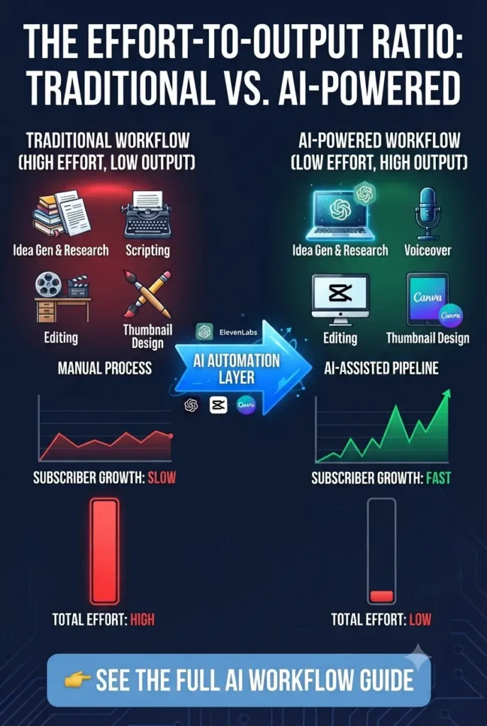A visual comparison chart contrasting a slow, manual YouTube production workflow against a fast, high-output AI-assisted system with rising subscriber growth graphs.