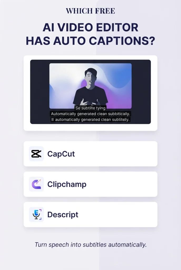 Free AI video editors with automatic captions, including CapCut, Clipchamp, and Descript
