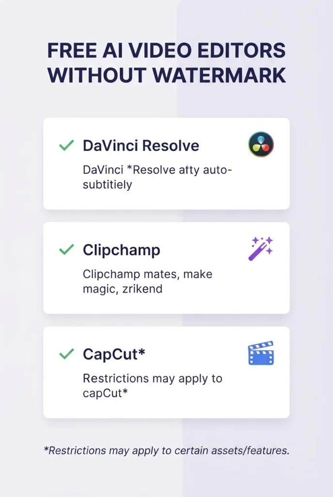 Free AI video editors without watermark, including DaVinci Resolve, Clipchamp, and CapCut