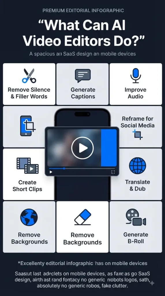 How AI video editing works, showing automatic captions, editing, audio enhancement, clipping, reframing, and export.