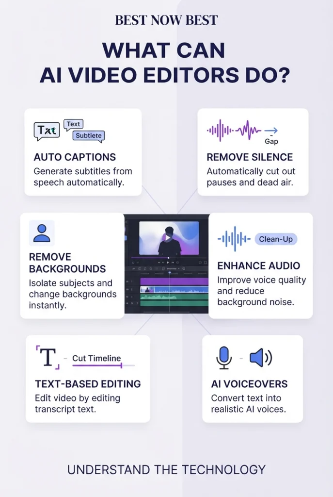 AI video editing features including auto captions, silence removal, background removal, audio enhancement, and text-based editing.